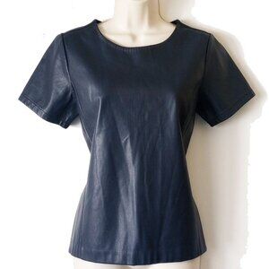 NWOT Ann Taylor Faux Leather Ponte Short Sleeve Top XS Navy Blue